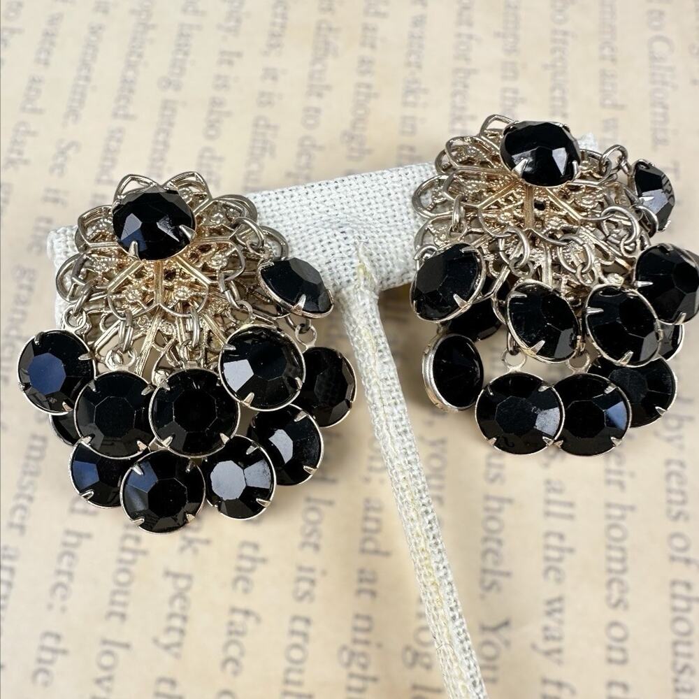 Vintage Black Glass Chandelier Clip Earrings Gold Tone Cocktail Cha Cha MCM